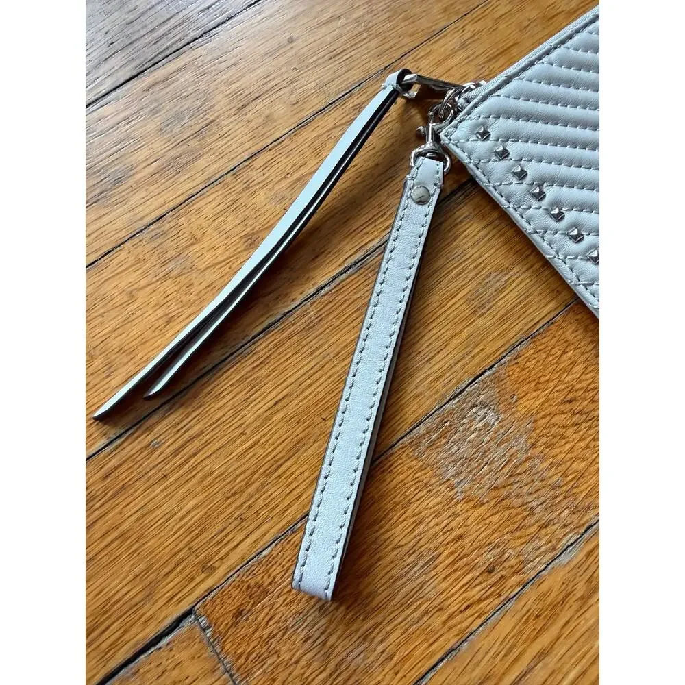 REBECCA MINKOFF Quilted Light Gray Studded Wristlet Clutch
